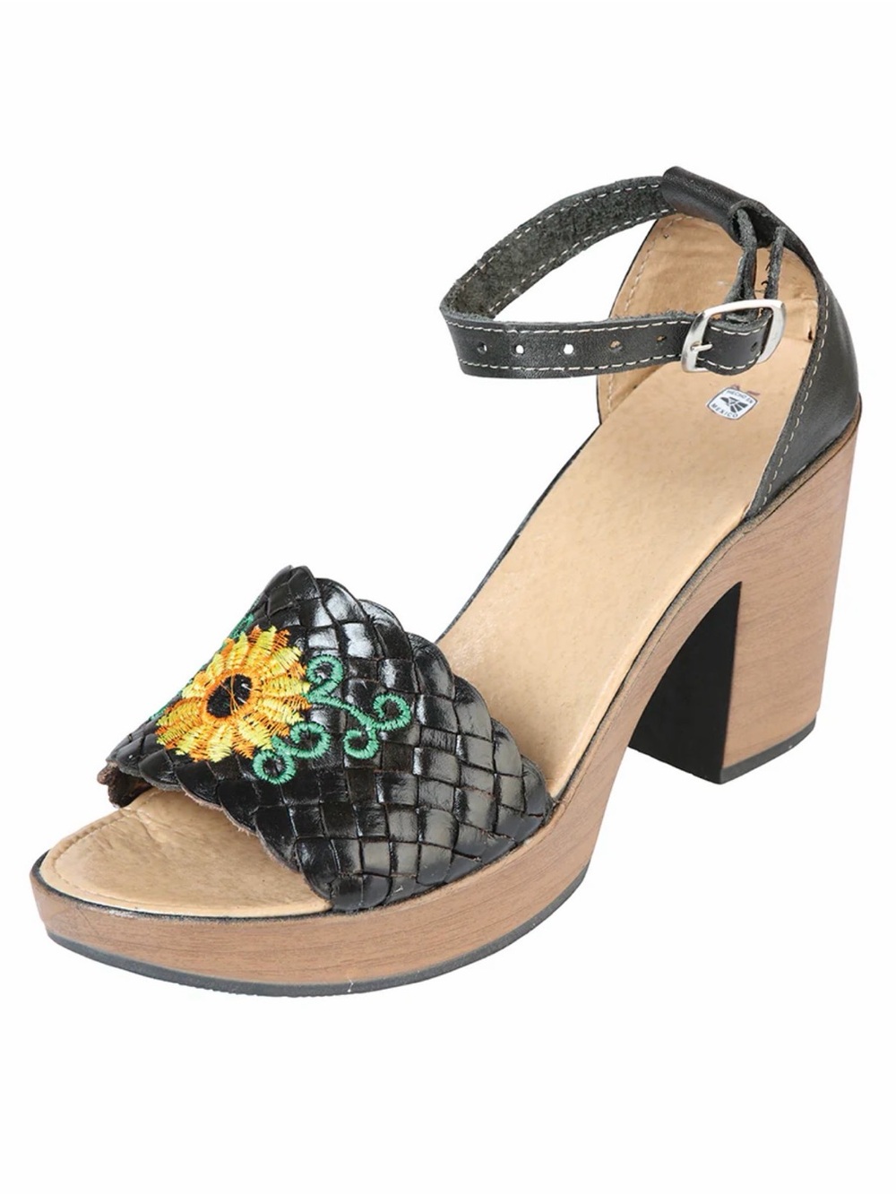 Black Sunflower Embroidered Woven Block Heel Sandals